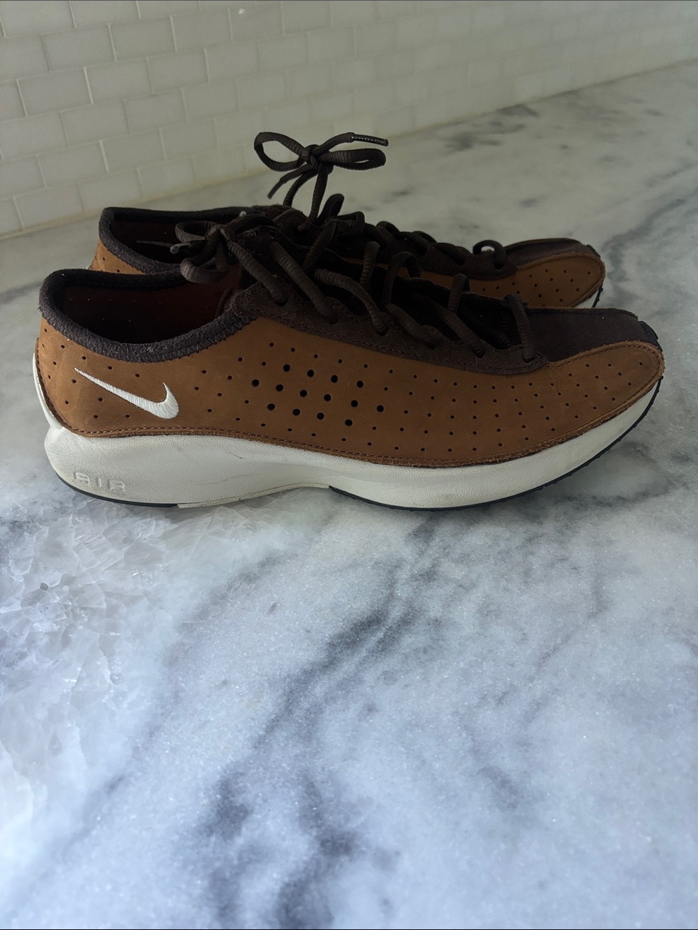 Nike Air Fly Brown Suede Perforated Lace-Up Sneakers with White Swoosh